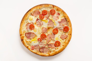Pizza with bacon, cheese, egg and tomatoes. Top view.