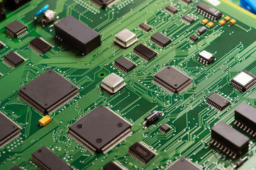 Circuit board. Electronic computer hardware technology. Motherboard digital chip. Information engineering component.