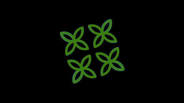 Colored graphic object in the shape of four-leaf clovers on a minimal black background, which rotates clockwise reducing the size from full screen to zero, and then returns to full screen.