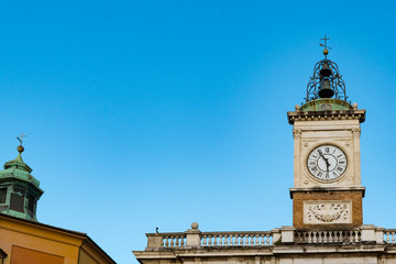 Clock tower on square Piazza del Popolo.  Ravenna, Italy