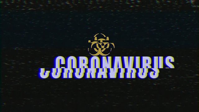 Video animation of a television screen with noise and the message Coronavirus. Generated with glitch effect. Abstract background.