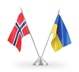 Ukraine and Norway table flags isolated on white 3D rendering