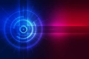 Dark tech abstract background with neon glow. Cyber circle laser figure on abstract background