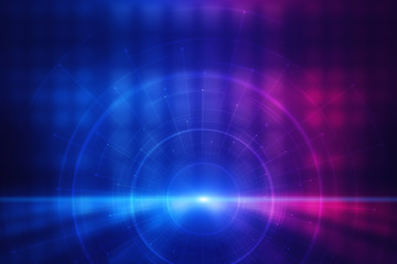 Dark tech abstract background with neon glow. Cyber circle laser figure on abstract background