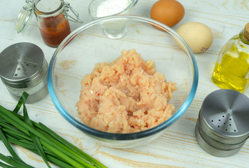 Home cooking with minced meat, eggs, spices