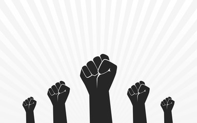 Raised fist hand of crowd protester in flat icon design on white color background