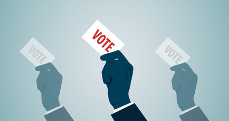 group of politician man Raised hand with vote ballot paper in flat icon design on blue color background