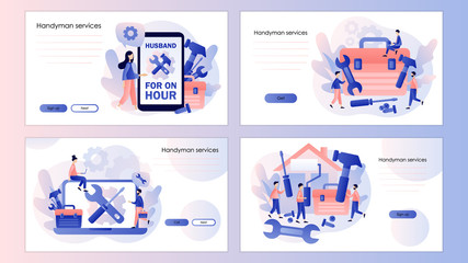 Handyman services. Husband for an hour. Repairman online. Screen template for mobile smart phone, landing page, template, ui, web, mobile app, poster, banner, flyer. Modern flat cartoon style. Vector 