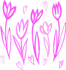 Fototapeta na wymiar Vector set : pretty pink hand drawn simple tulips and hearts. Tender elements for spring holiday, floral, romantic, easter design 