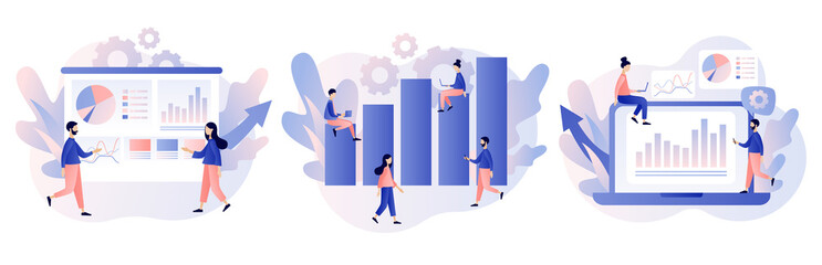 Data analytics consept. Business analysis. Tiny people are studying the infographic. Modern flat cartoon style. Vector illustration on white background - obrazy, fototapety, plakaty
