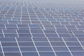 Many solar panels station closeup