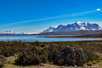 view of Lago Sarmiento with Torres del Paine