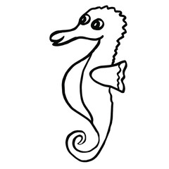  Vector illustration.Drawing of a seahorse on an isolated white background.Design of a children`s tattoo, coloring, print of clothes.