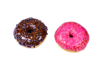 Two glazed donuts isolated on a white background