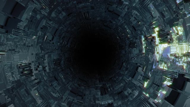 Looping Technological Sci Fi spaceship tunnel. Futuristic international space station abstract shuttle corridor. Tech wallpaper and screensaver. Looping seamless background.Type 3