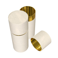 Kraft paper cardboard tube package with gold part mock up. 3d render isolated on white background.