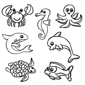  Vector illustration. Big set of inhabitants of the underwater world on an isolated white background.