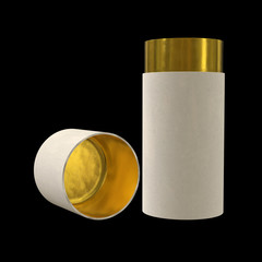 Kraft paper cardboard tube package with gold part mock up. 3d render on black background.
