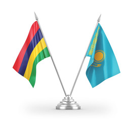 Kazakhstan and Mauritius table flags isolated on white 3D rendering