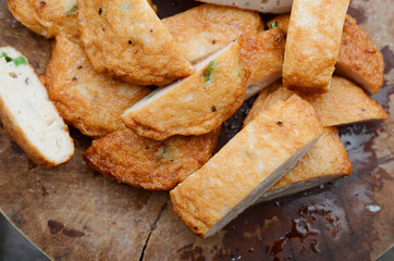 Fried fishcakes chopped slices delicious