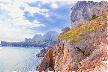 Crimea.Trail Golitsyn. Mount Koba-Kaya, the settlement Novyy Svet. Imitation of a picture. Oil...