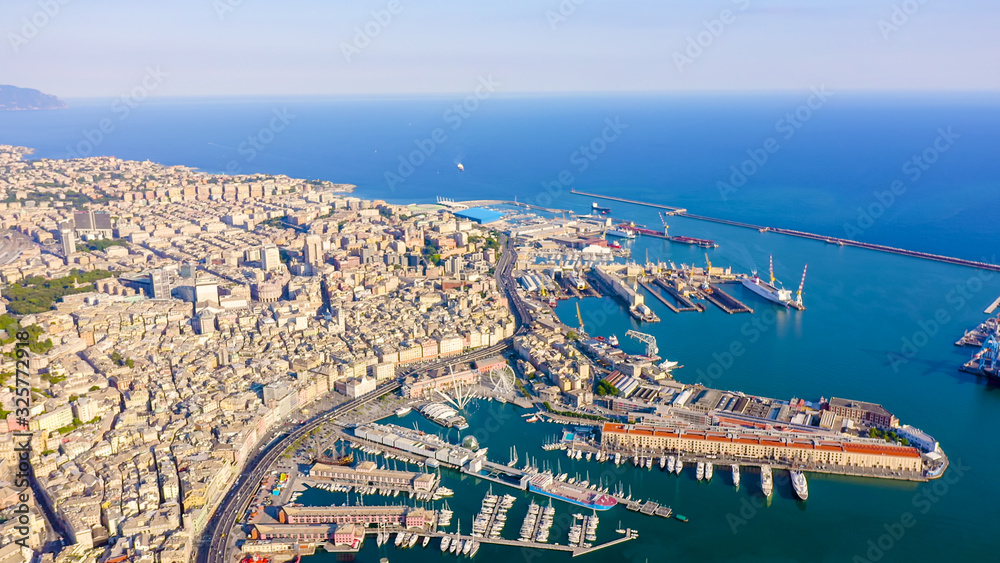 Wall mural genoa, italy. central part of the city, aerial view. ships in the port, aerial view