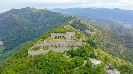 Genoa, Italy. Forte Sperone is a key point of the 19th-century Genoese fortifications and is located on top of the Mura Nuove. View of Genoa, Aerial View