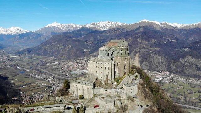 Epic Monumental Abbey on the Top of the Mountain, Aerial View, Italy