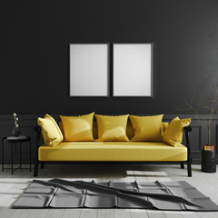 blank frame on black wall, two vertical poster frames mock up in dark modern interior background with yellow sofa, scandinavian style, luxury home interior, 3d rendering
