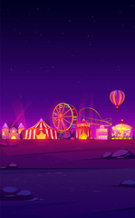 Smartphone background theme with carnival funfair at night. Vector template for mobile phone screen saver with dark landscape with illuminated circus and amusement park © klyaksun