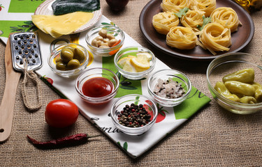 flat lay of ingredients for Italian pasta
