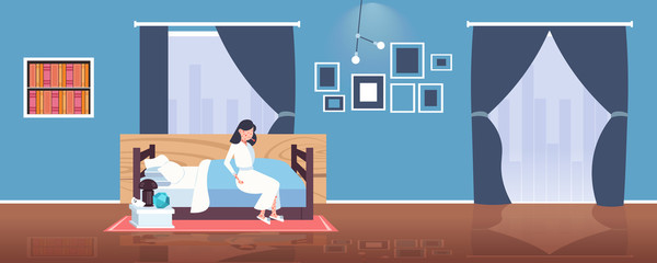 sick woman with fever and red rash coronavirus infection symptoms epidemic MERS-CoV virus wuhan 2019-nCoV pandemic health risk concept bedroom interior full length horizontal vector illustration
