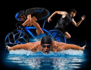Triathlon sport collage. Man running, swimming, biking for competition race - obrazy, fototapety, plakaty
