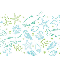 Sealife outline horizontal border with fish, starfish, seaweed and wave in blue and green tones. Summer beach pattern. Surface pattern design.