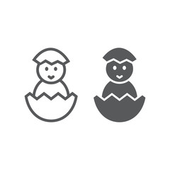 Chick peeking out off egg line and glyph icon, easter and holiday, chick in egg sign, vector graphics, a linear pattern on a white background, eps 10.