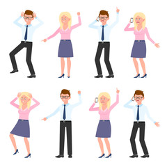 Fototapeta premium Angry, stressed, desperate office boy and girl vector illustration. Shouting, pointing finger, screaming, talking on phone glasses male and blonde female cartoon character set on white