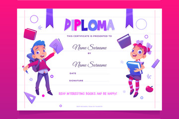 Obraz premium Kids school diploma certificate happy children with books jumping, boy and girl preschool or kindergarten graduation document, creative template with place for filling name cartoon vector illustration