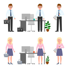 Nice looking, young business man and woman vector illustration. Standing with bag, briefcase, notepad, side view, drinking coffee male and female cartoon character set on white