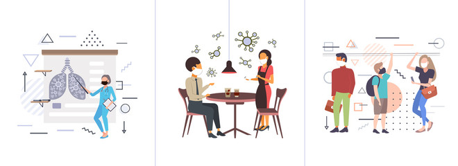 set epidemic MERS-CoV coronavirus infection wuhan 2019-nCoV pandemic health risk concepts collection horizontal full length vector illustration