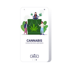 mix race people smoking joint drugs consumption legalize cannabis addiction concept shopping bag with marijuana leaf full length smartphone screen mobile app copy space vector illustration