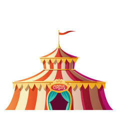 Circus tent with red and white stripes on carnival funfair, amusement park. Vector cartoon icon of cirque marquee, festival canopy with flag on top and open entrance isolated on white background © klyaksun