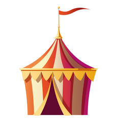 Circus tent with red and white stripes on carnival funfair, amusement park. Vector cartoon icon of small marquee, festival kiosk with flag on top and open entrance isolated on white background