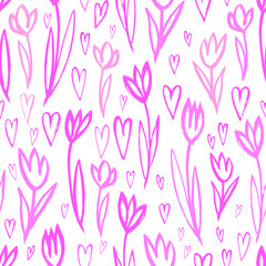 Fototapeta na wymiar Vector seamless pattern. Pretty pink colors tulips and simple hearts. Hand drawn sketch style for decor textile , wrapping paper, wallpaper. Spring, easter.