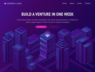 Venture and business company building service isometric landing page, organization project construction, smart city metropolis skyscrapers on neon colored background 3d vector illustration, web banner