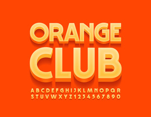 Vector bright logo Orange Club. Stylish 3D Font. Creative Uppercase Alphabet Letters and Numbers.