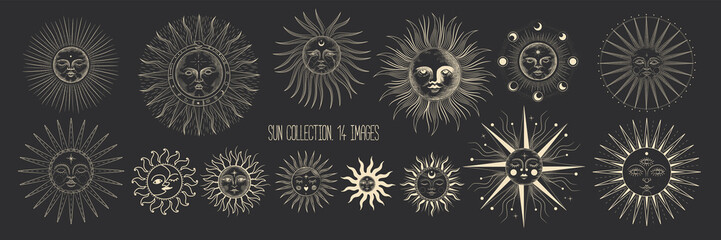 Vector illustration set of moon phases. Different stages of moonlight activity in vintage engraving style. Zodiac Signs