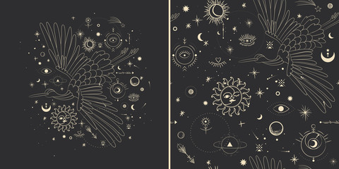 Vector illustration set of moon phases. Different stages of moonlight activity in vintage engraving style. Zodiac Signs © chikovnaya