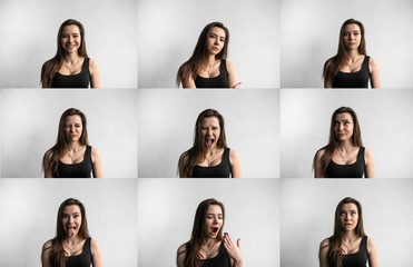 Set of young woman's portraits with different emotions. Young beautiful cute girl showing different...