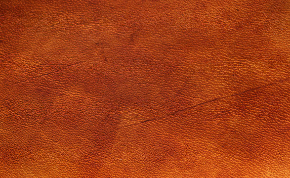 Orange nut brown vegetable tanned leather closeup full frame macro texture showing top grain and wear scratch marks
