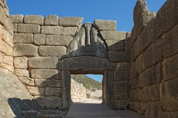 The Lion Gate of Mycenae - an archaeological site near Mykines in Argolis, Peloponnese, Greece. In...